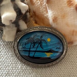 Vintage Reverse Painted Glass Under Dome Tropical Scene Brooch – Palm Tree Beach